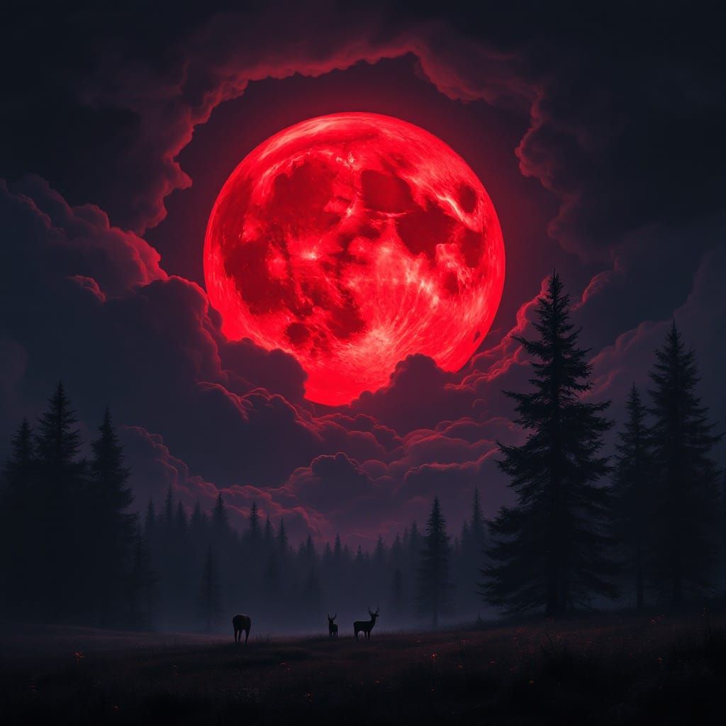 Massive Red Moon Over Dark Forest Landscape