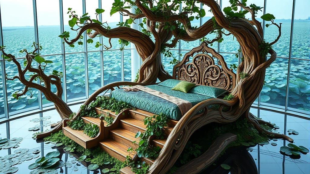 Wooden Vines Bed in a Glass Room with Water and Lotuses