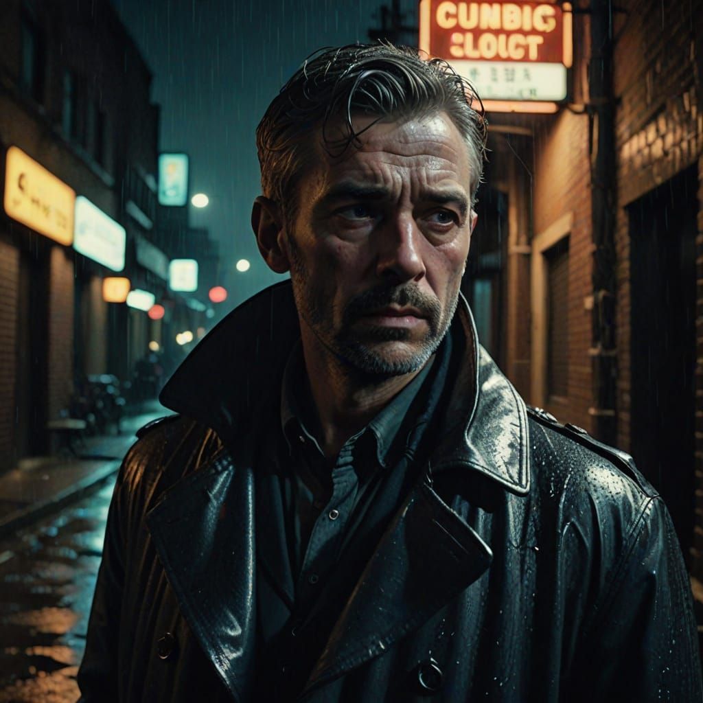 Neo-Noir Detective in Rain-Slicked Alleyway