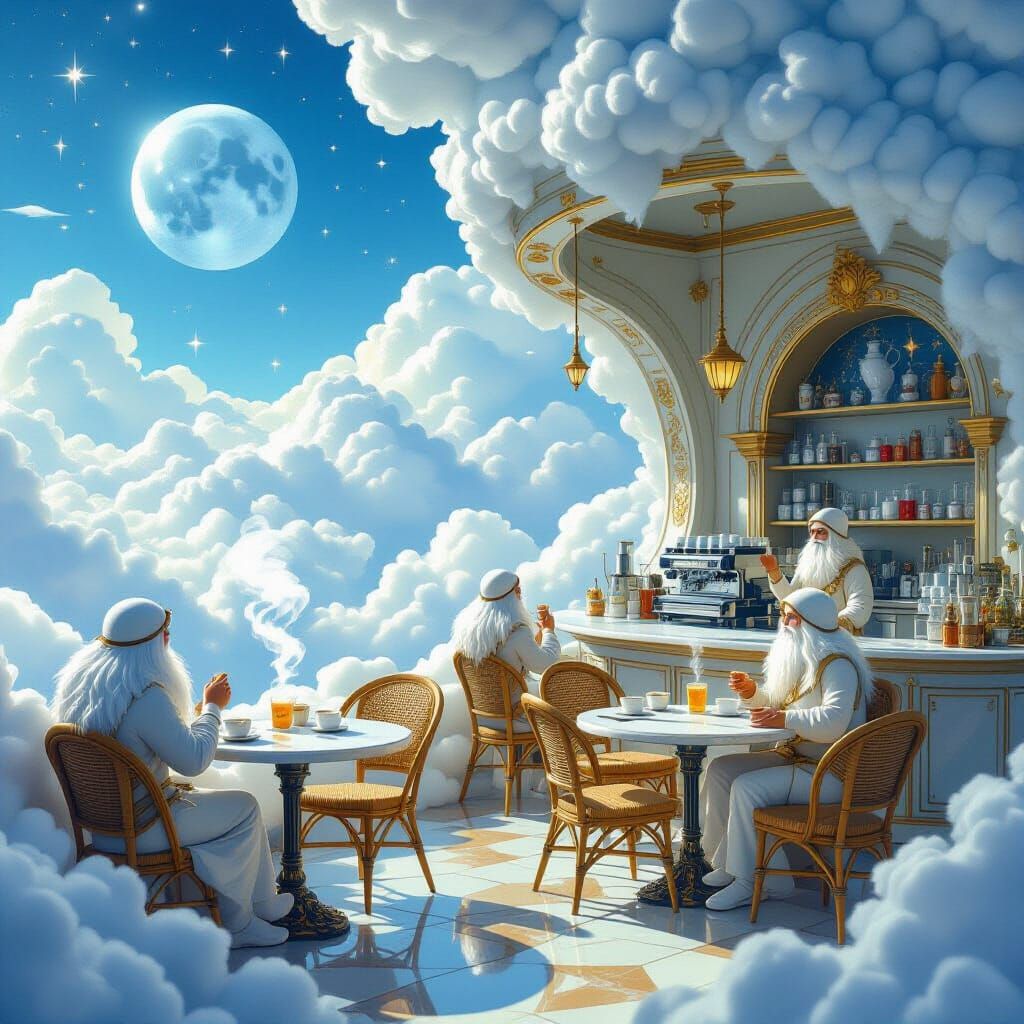 Whimsical Cloud Café With Mythical Steam Creatures