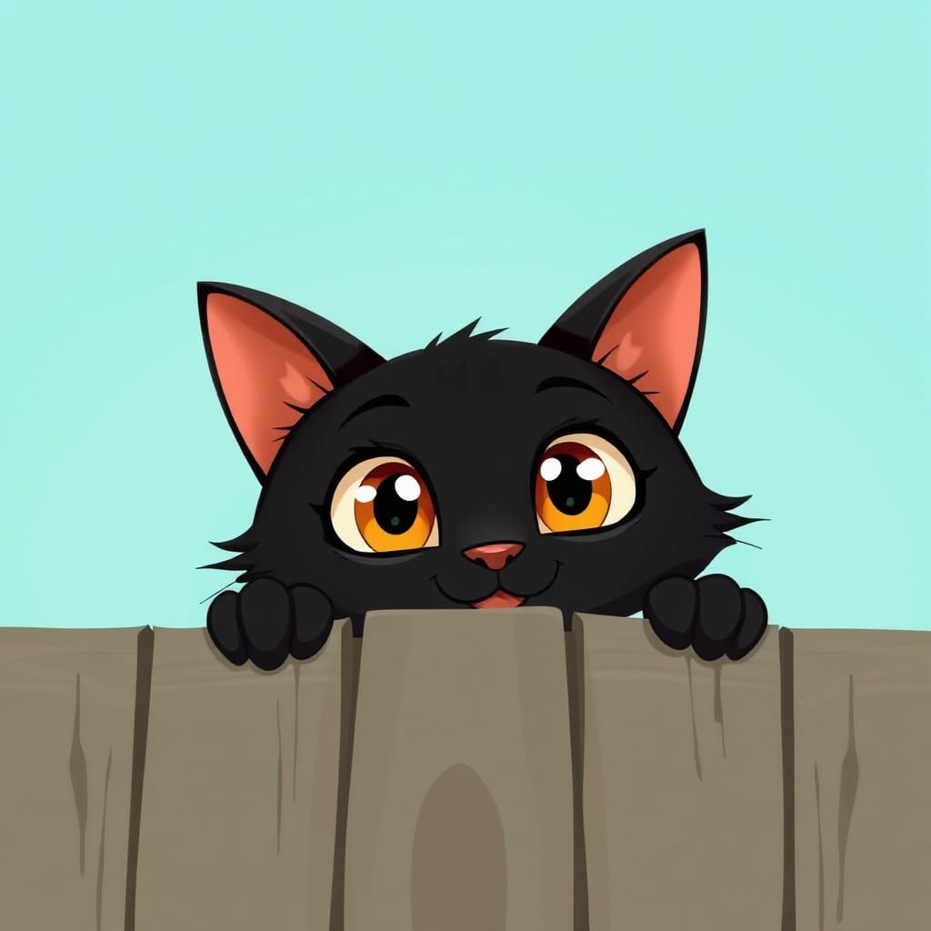 Joyful Black Cat Cartoon Peeking Over Fence