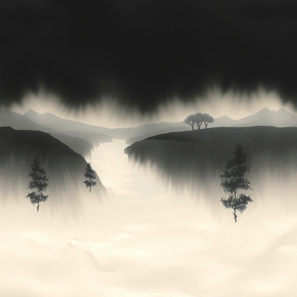 Minimalist Dark Landscape with Lavender River