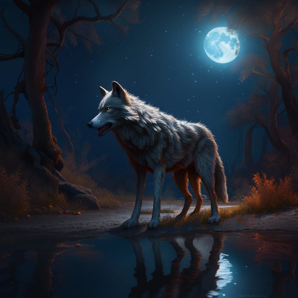 Wolf Howling at Moon in Impressionist Style