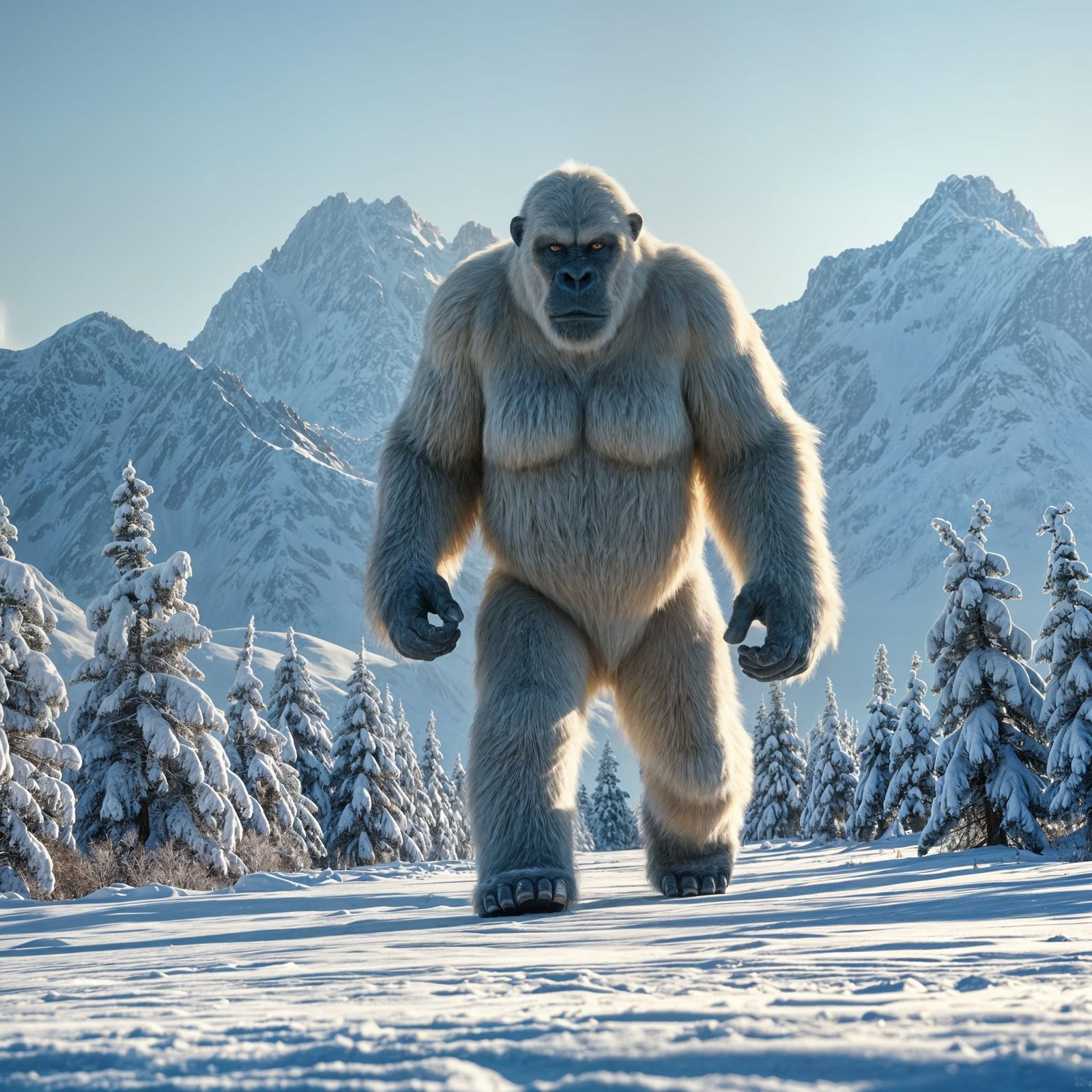 Yeti in Majestic Mountain Landscape at Dawn