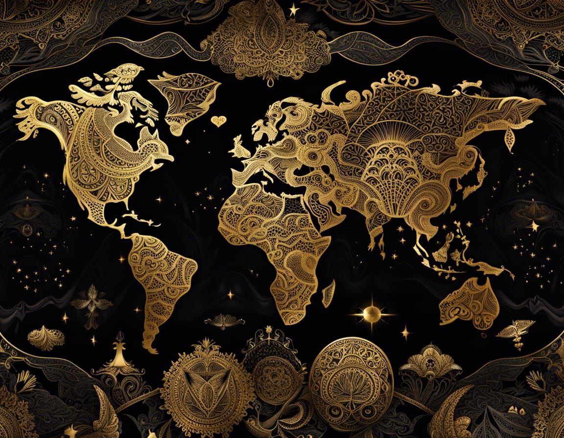 Ornate Gold World Map on Black Silk