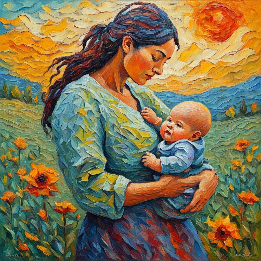 Mother and Baby: A Neo-Impressionist Oil Painting