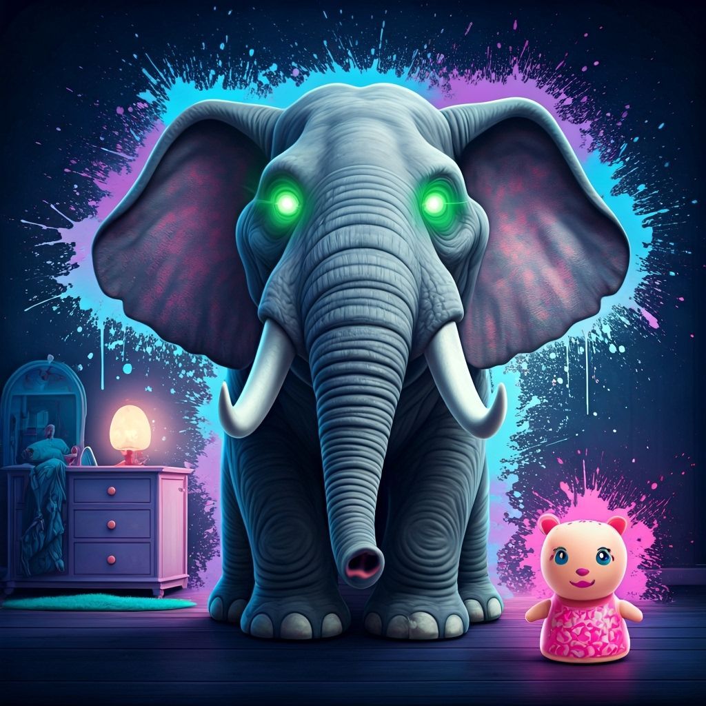 Nighttime Girl's Room with Glowing Elephant Toy Splash Art