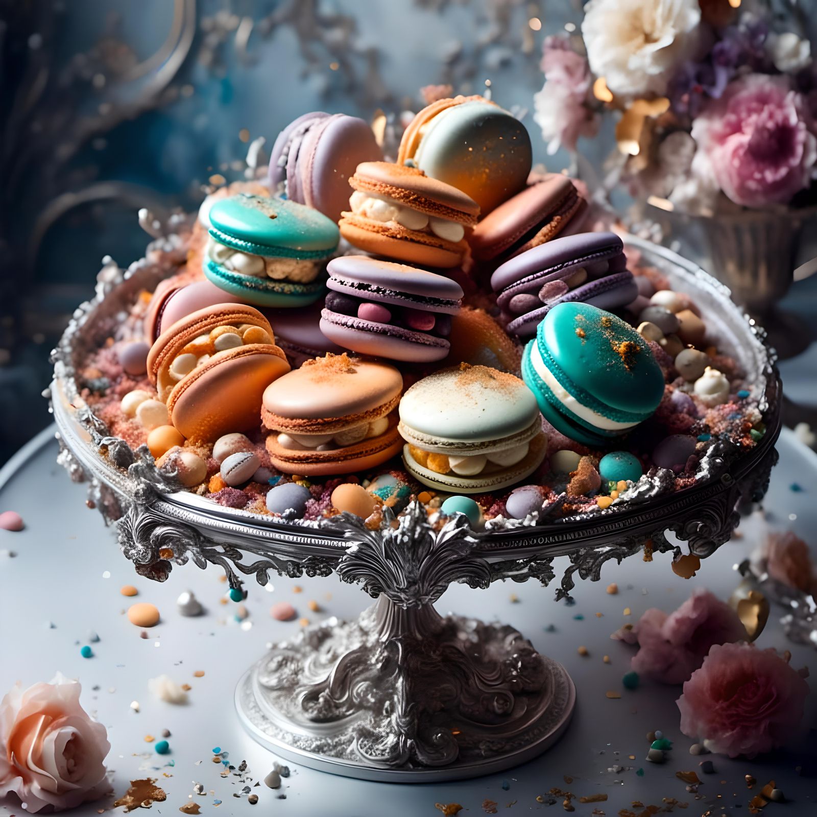 Detailed Multicolored Macarons in Baroque Patisserie