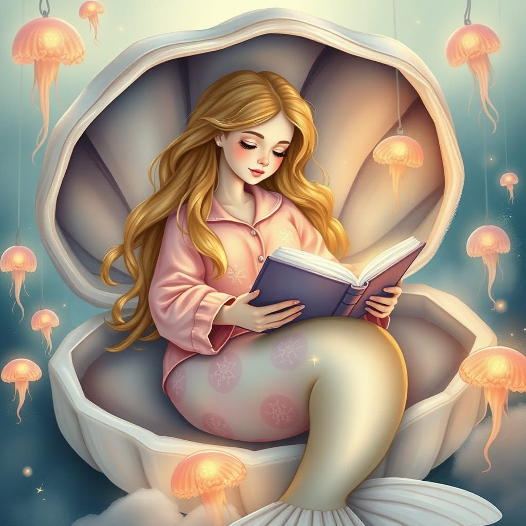 Serene Mermaid Reads Whimsical Tales in Cozy Underwater Bed