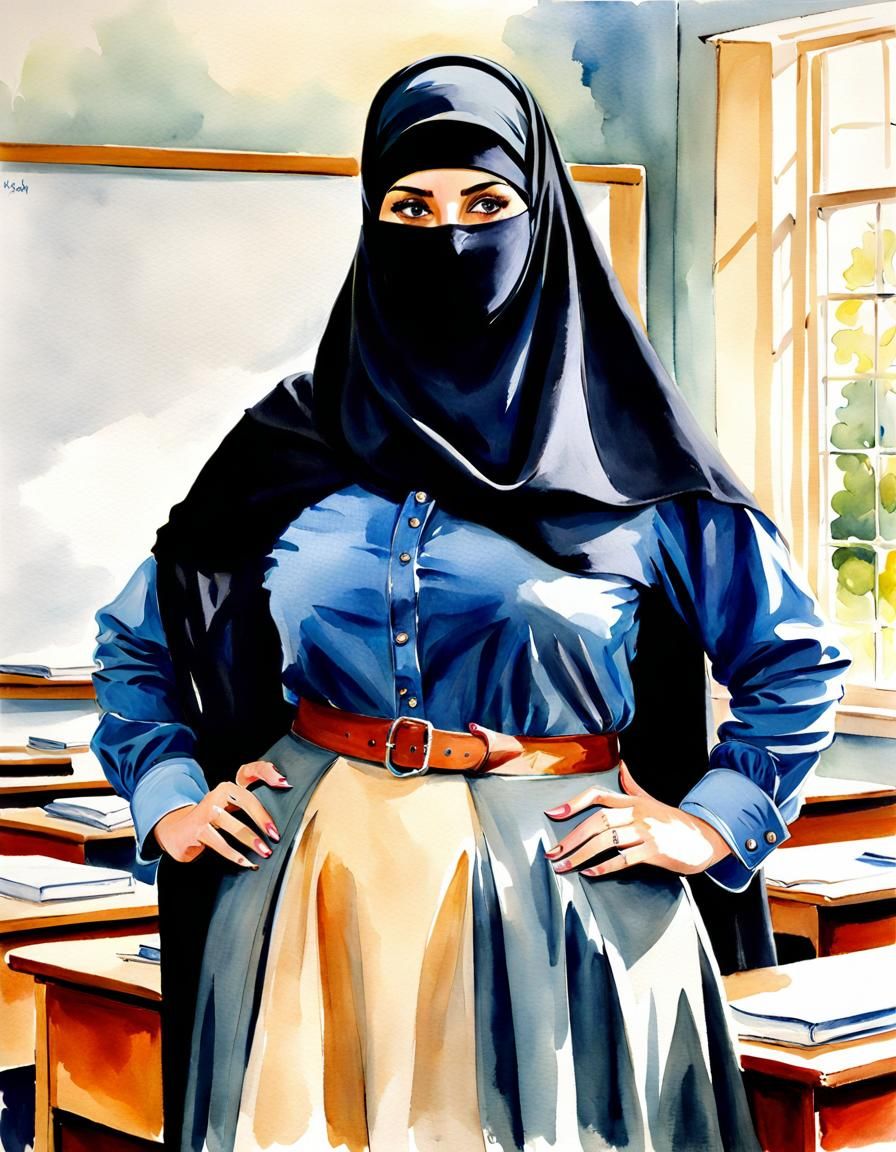 Niqabi Teacher Portrait in Watercolor Style