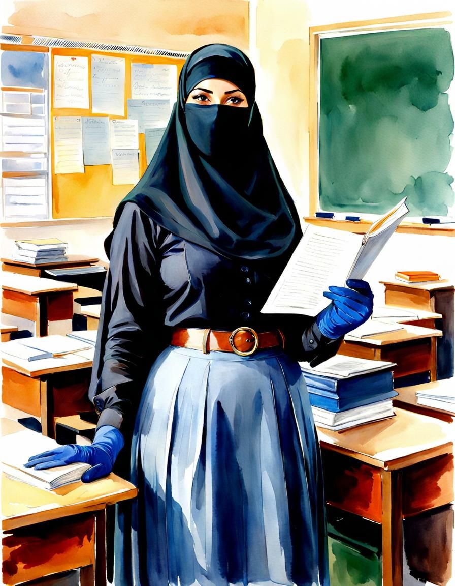 Watercolor Portrait of Niqabi Teacher in Classroom
