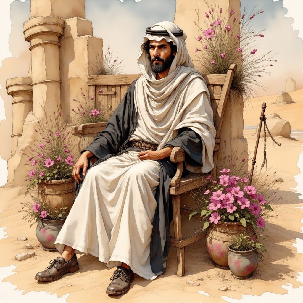 Roronoa Zoro in Traditional Saudi Attire, Surrounded by Anci...