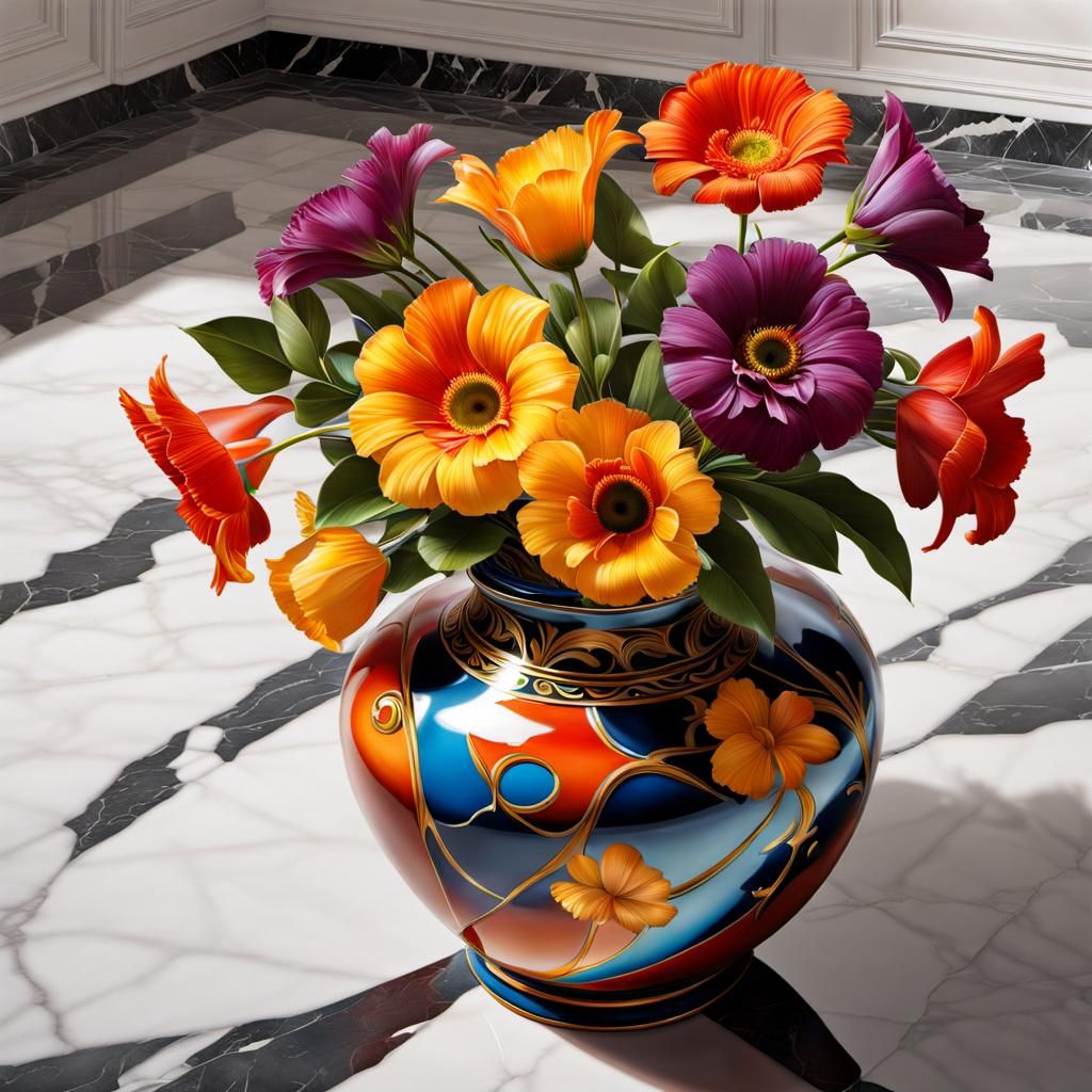 Colorful Broken Vase on Marble Floor