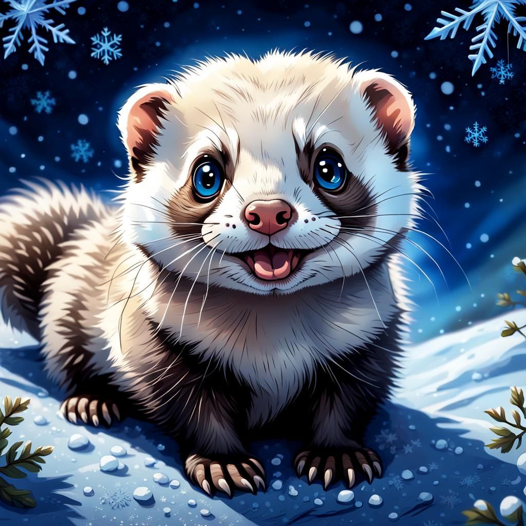 Cute Ferret Portrait in a Snowy Forest Meadow