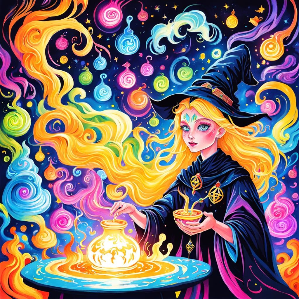 Evil Witch Brews Potion with Vibrant Lights in Gouache Style
