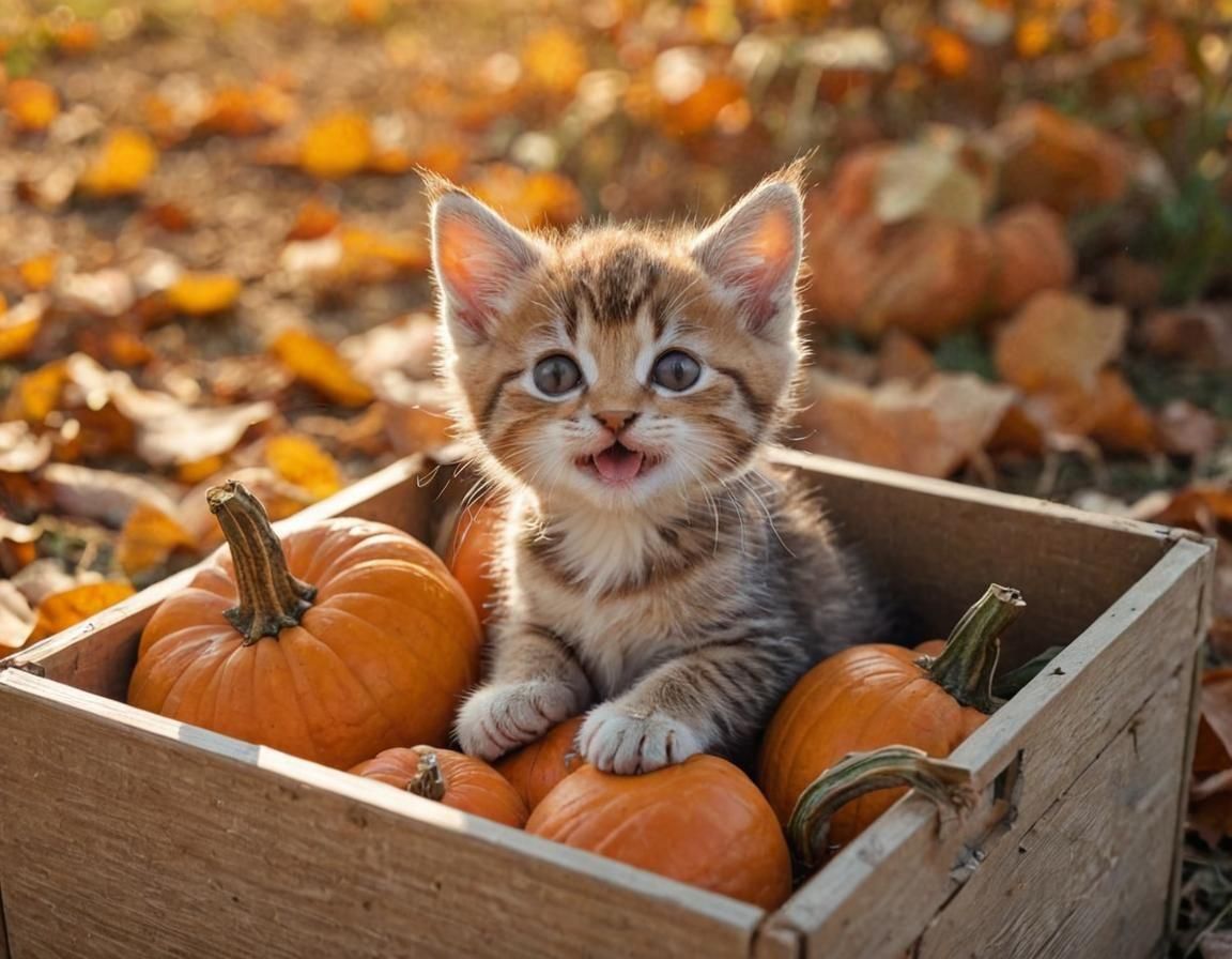 Cute Kitten in Pumpkin Box on Sunny Autumn Day