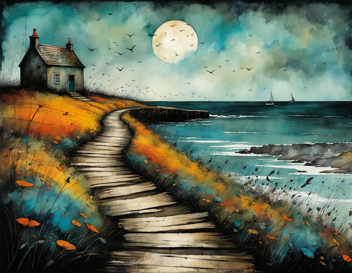 Gritty Watercolor Path to the Sea