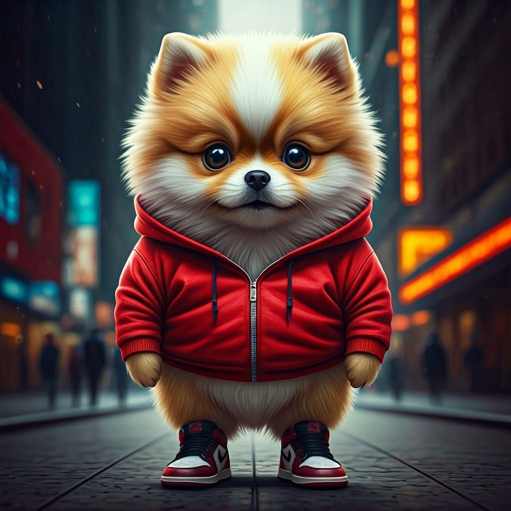 Pomeranian Puppy in NYC: Matte Painting Style