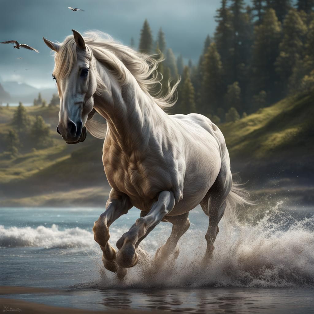 Majestic Horse Gallops on Shore with Soaring Owl