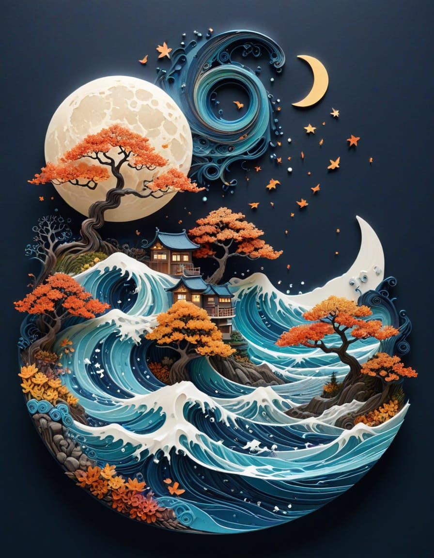 Autumn Nocturnal Fantasy Landscape in Sumi-e Style