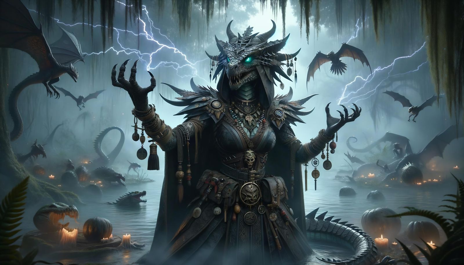 Dark Talon Shaman Conjuring Lightning in Swamp