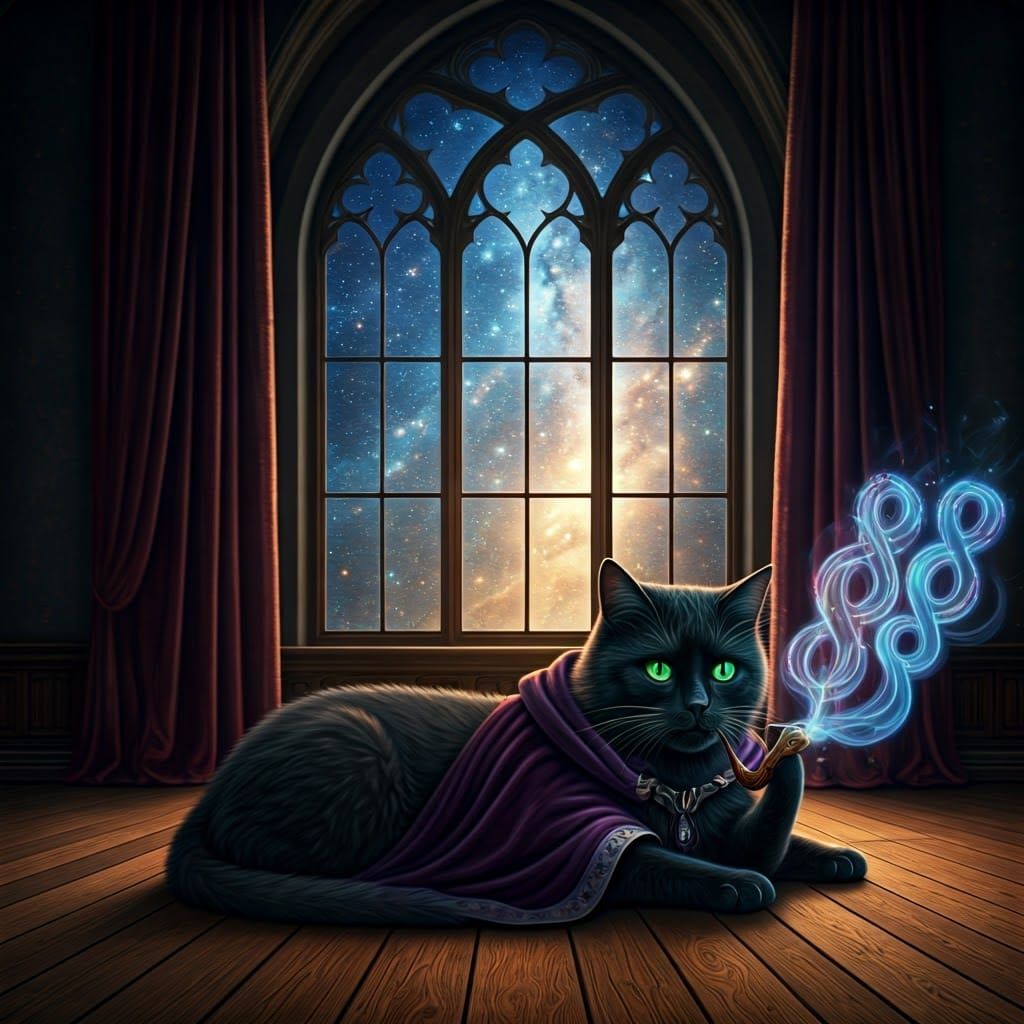 Mystical Cat Sits in Velvet Cloak, Smoking Pipe in Ancient C...