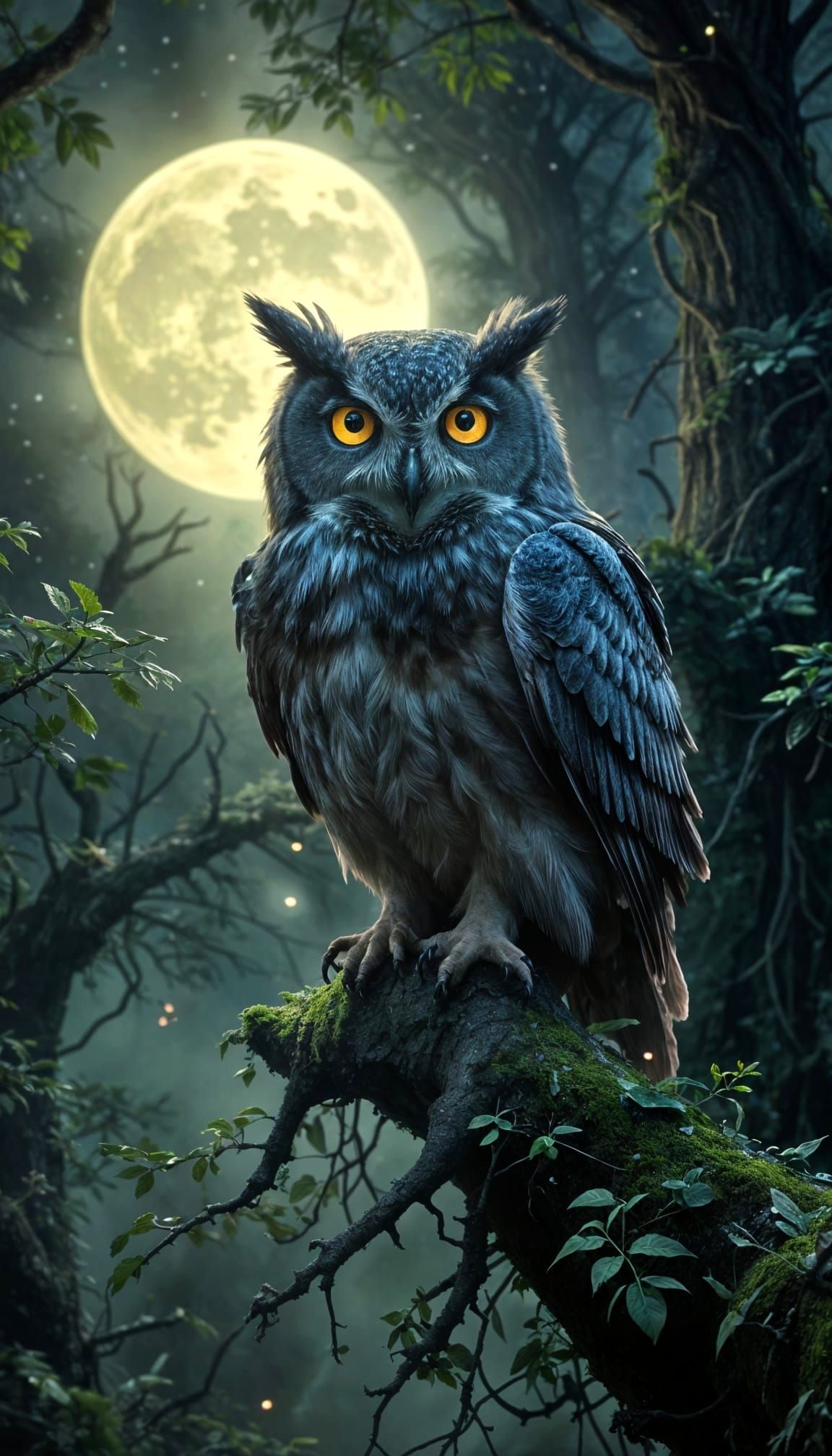 Majestic Owl on Ancient Tree Branch in Bioluminescent Forest