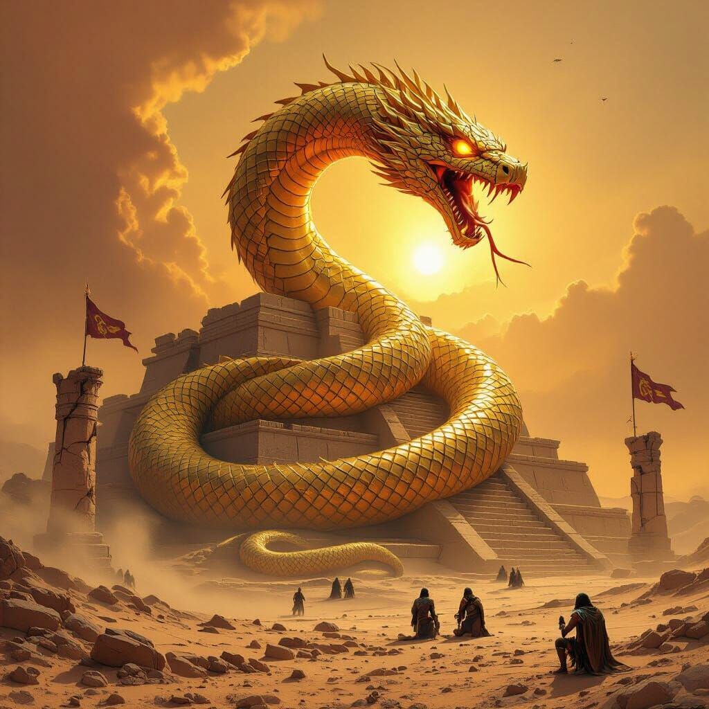 Golden Serpent on Desert Ziggurat in Heroic Fantasy Style