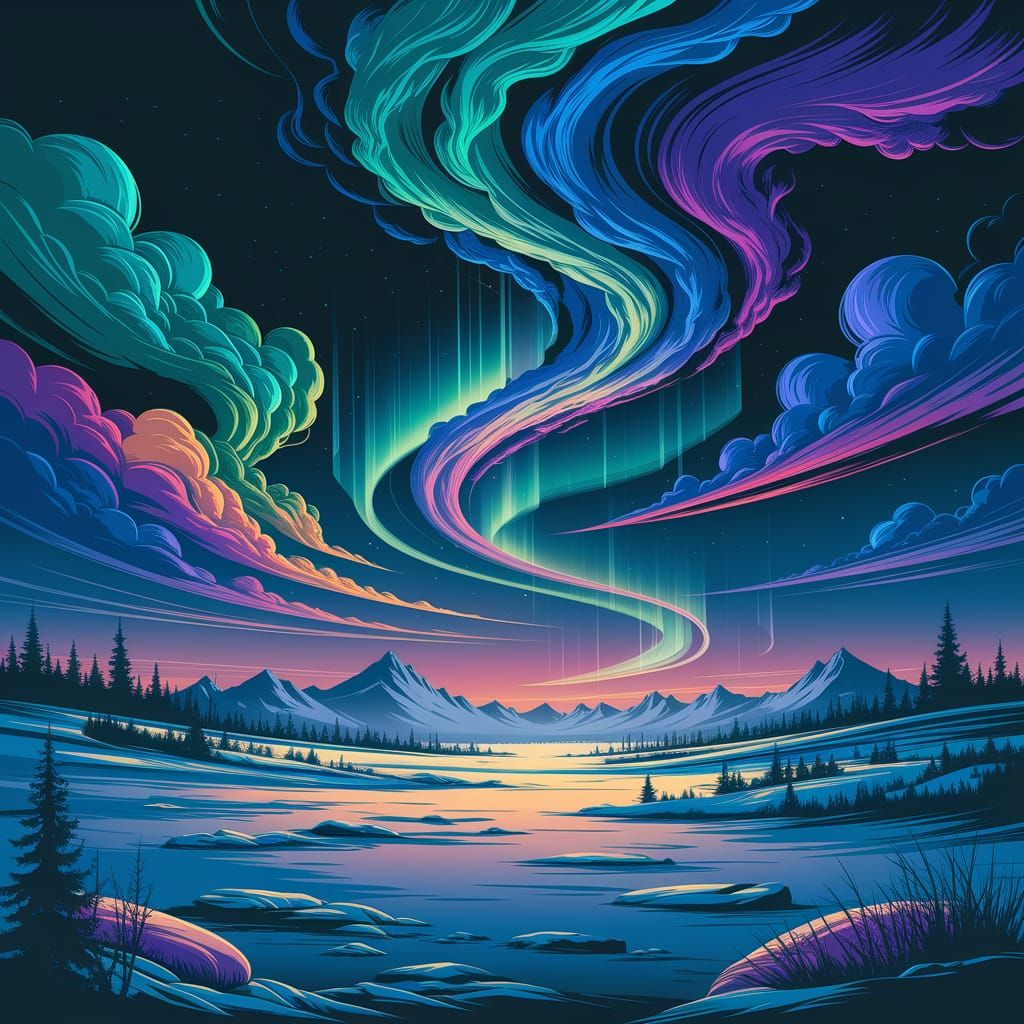 Vibrant Northern Lights Dance Above Snowy Mountains