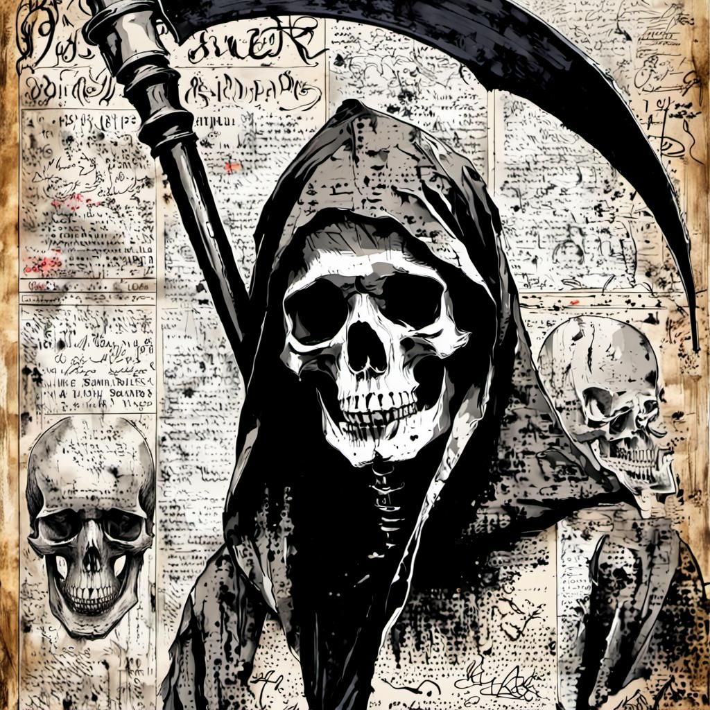 Grim Reaper Skull in Newspaper Art Style