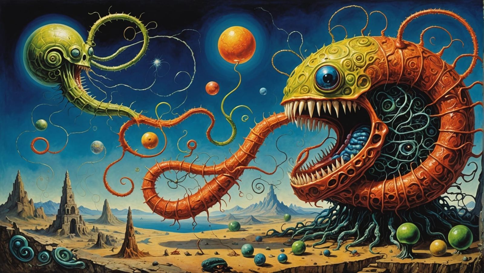 Surreal Silly String Worms Feast, Watercolor Painting