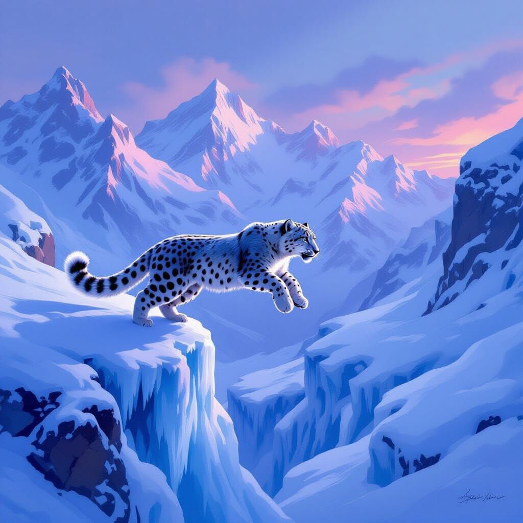 Snow Leopard Leaping Icy Chasm in Painterly Style