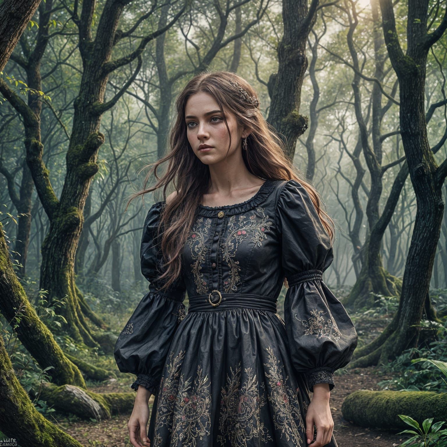 hair over one eye, dress, black shoes, puff sleeves, long hair, Meinamix style full HD realistic