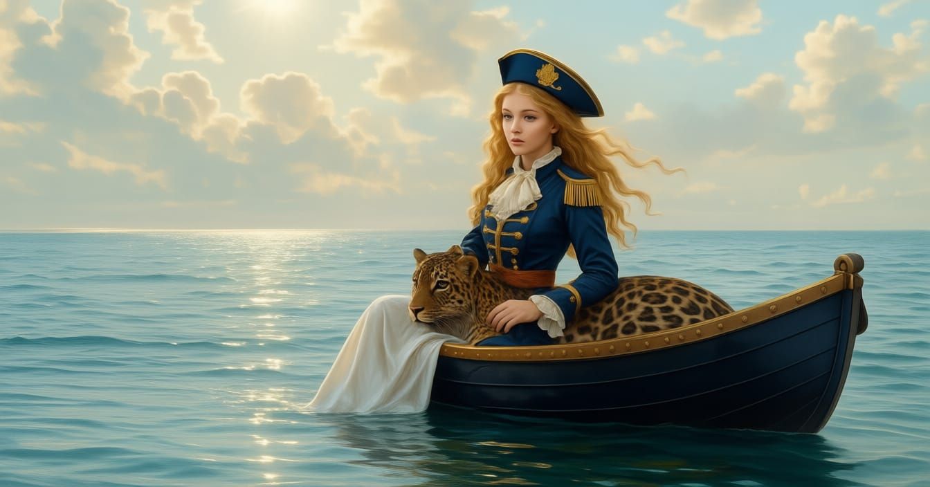 Girl in Captain's Uniform with Clouded Leopard on Calm Sea