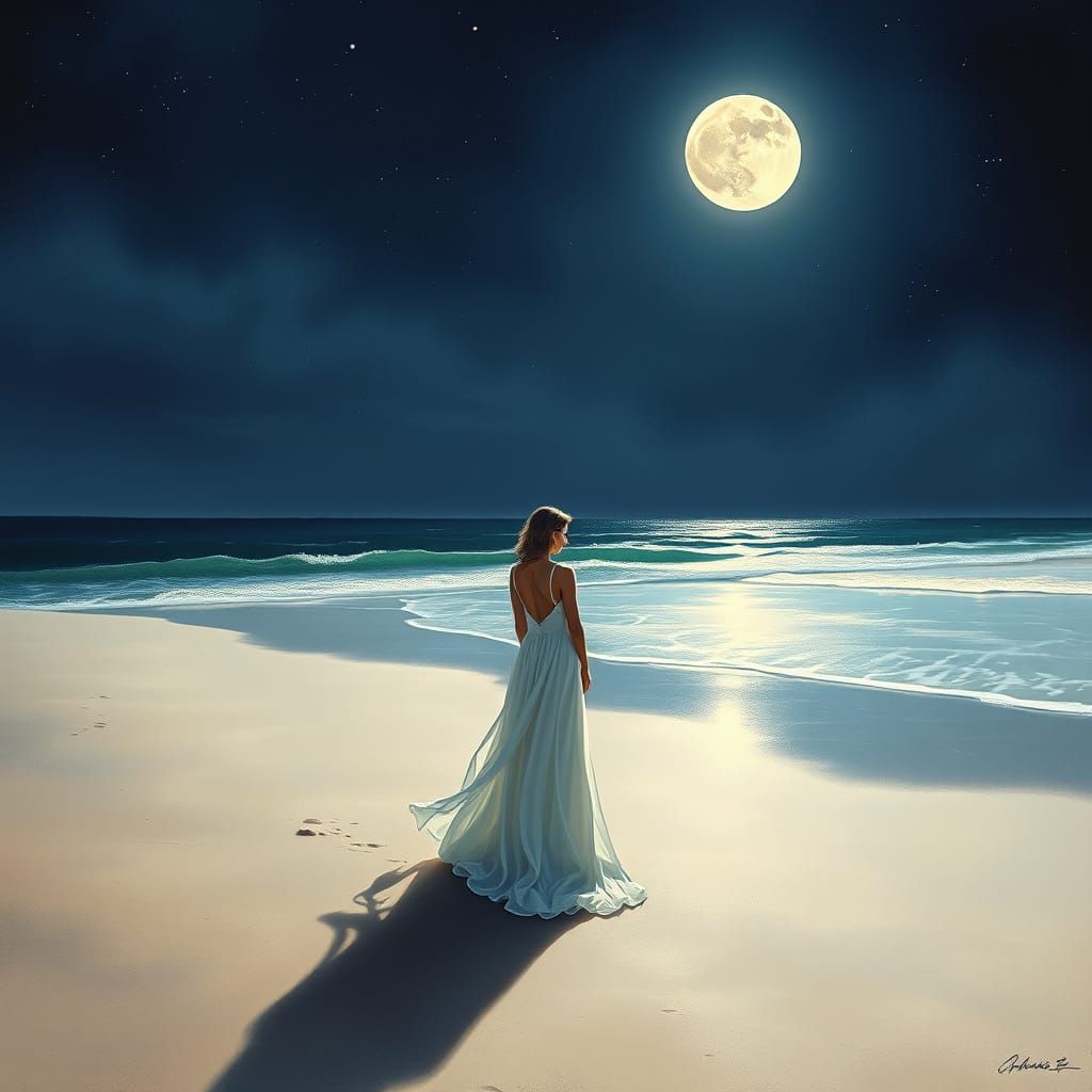 Woman on Moonlit Beach with Stars