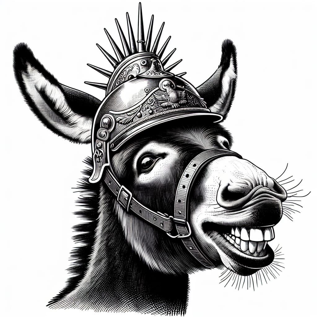 Donkey Wearing a Pickelhaube Helmet