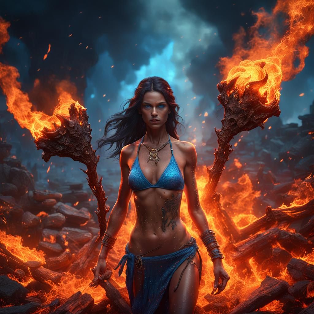 create firery hell witha sudutive brunete coming out of the ...