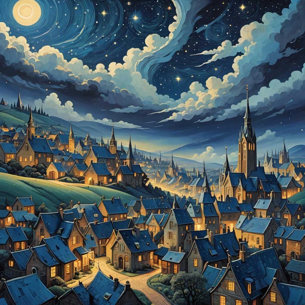 Surreal Starry Night Landscape in Moebius Style