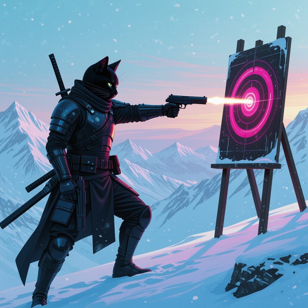 Cyberpunk Black Cat Ninja on Snowy Mountaintop