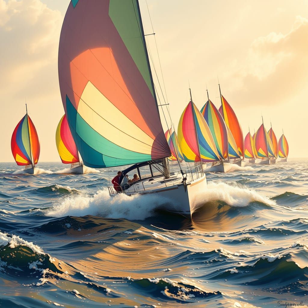 Sleek Sailboat Sails Through Turbulent Waves in a Rainbow of...