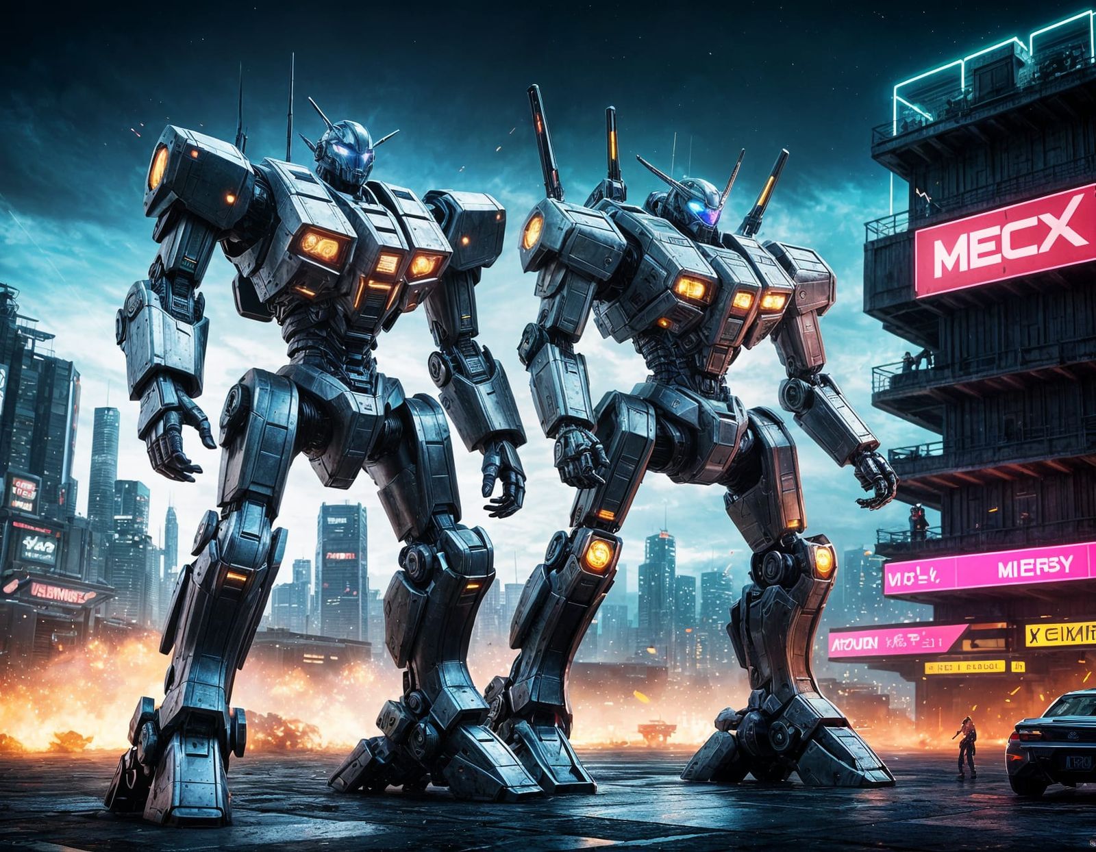 Epic Mech Battle in Cyberpunk Dystopia