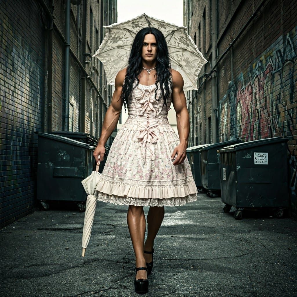 Muscular Man in Gothic Lolita Dress in Urban Alley