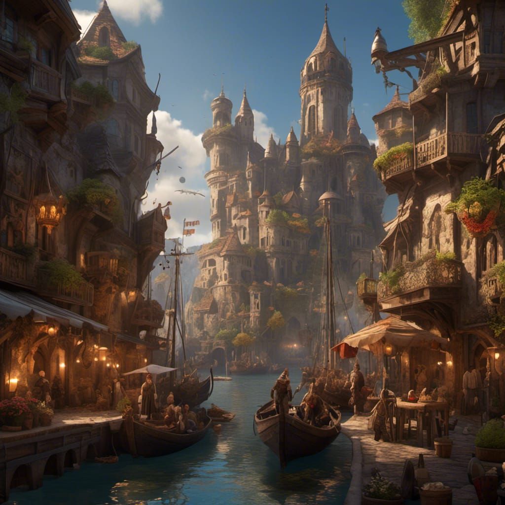 Bustling Fantasy City with Commercial Harbor in Hyperreal De...