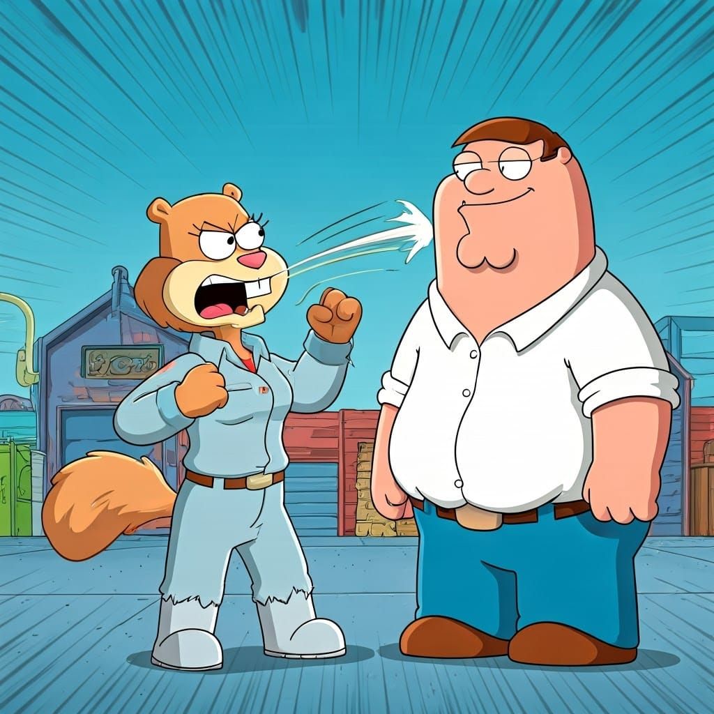Sandy Cheeks Punches Peter Griffin in Comic Style