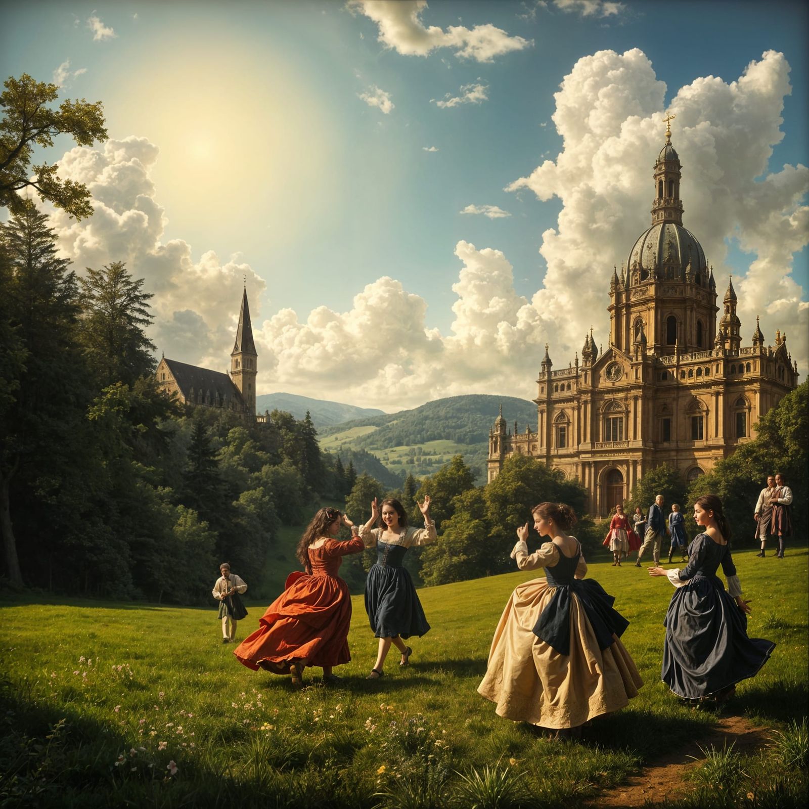 Baroque Castle and Cathedral Landscape with Dancing Figures