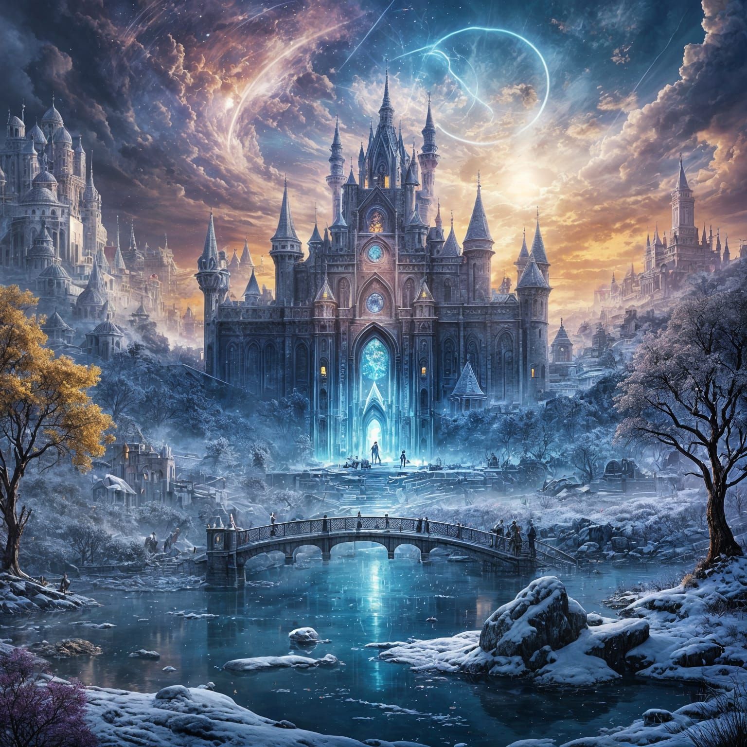 Frozen Crystal Palace in Ancient Forest Landscape