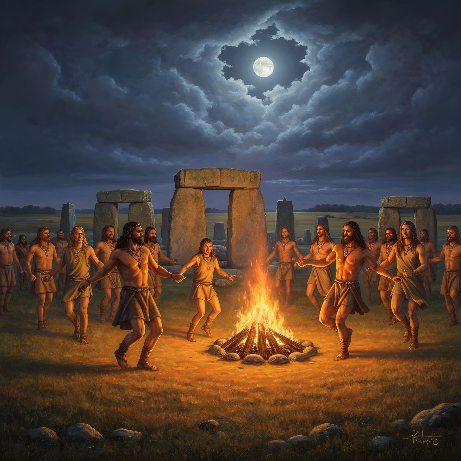 Celtic Druids Dance at Stonehenge, Realistic Painting