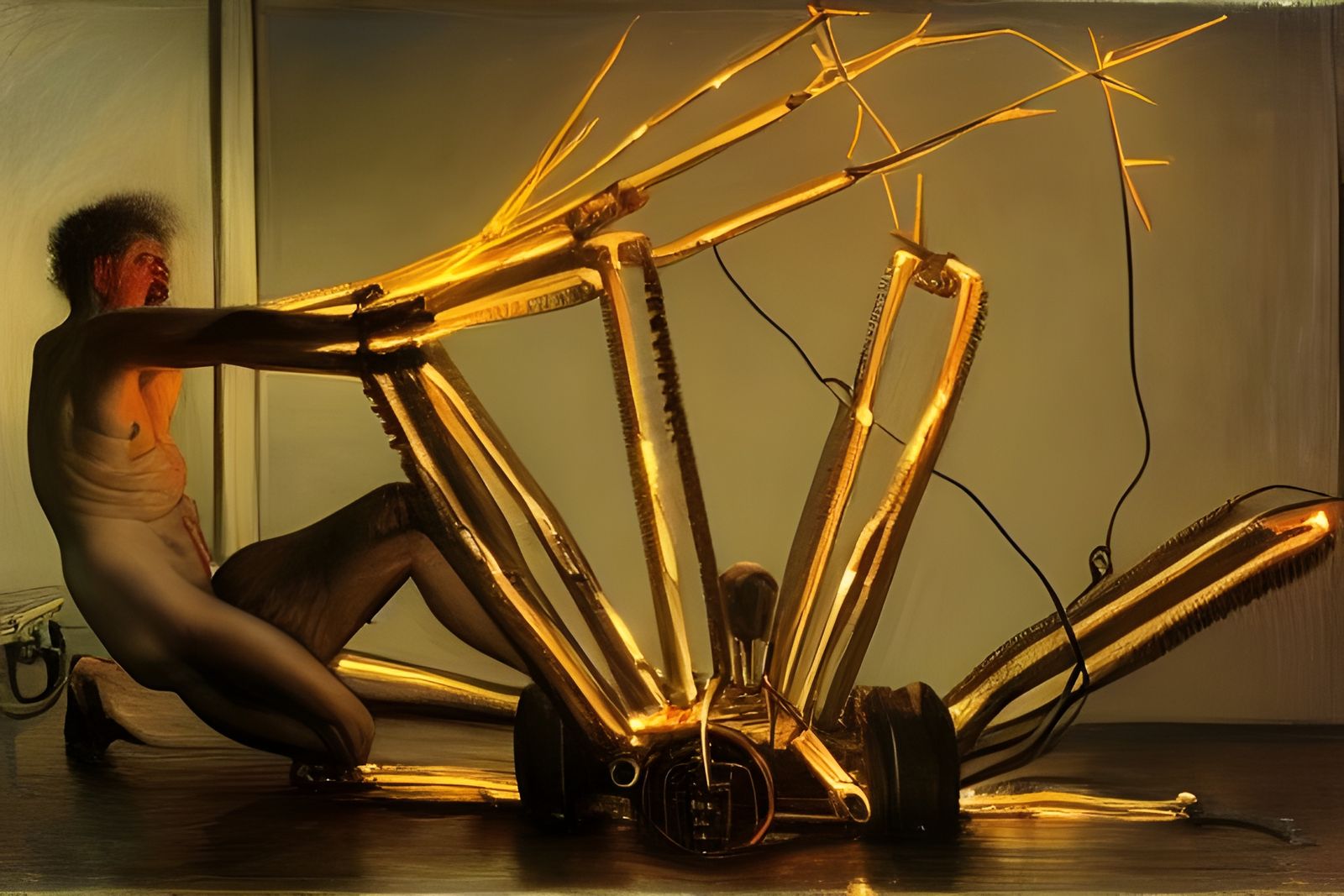 Multi-Armed Wire Creature Working on Fiery Machine