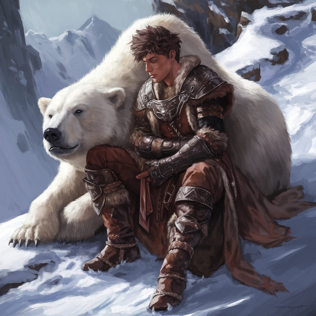 Sleeping Barbarian Warrior with Polar Bear in Snowy Landscap...