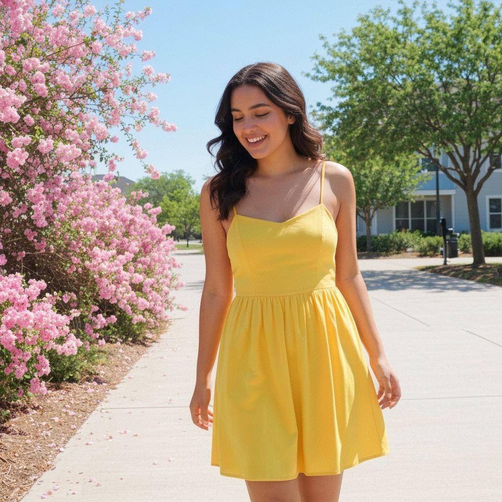 Woman in Yellow Sundress Amidst Blooming Flowers